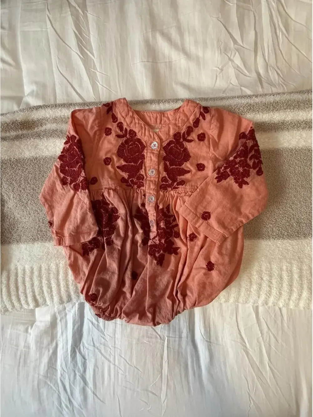 Pink Chicken coral & red floral embroidered baby blouse in size 6/12M